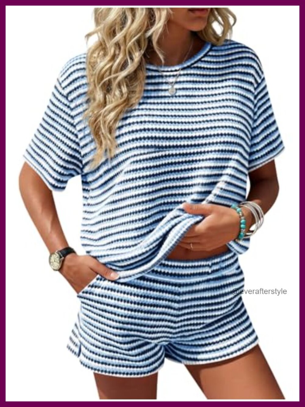 Womens Striped 2 Piece Outfit Short Sleeve Top Knit Shorts Set